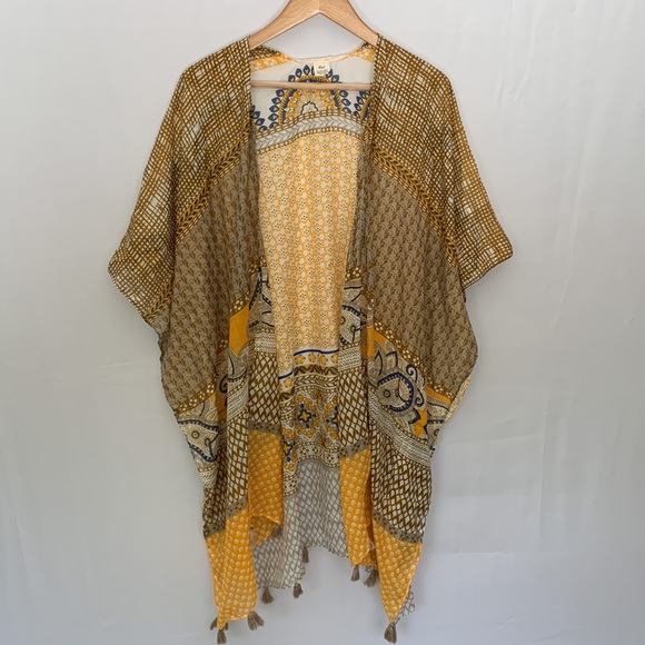 RAJ Boho Lightweight Cotton Kimono w/ Tassels Yellow Tan Beach Coverup - Picture 6 of 12